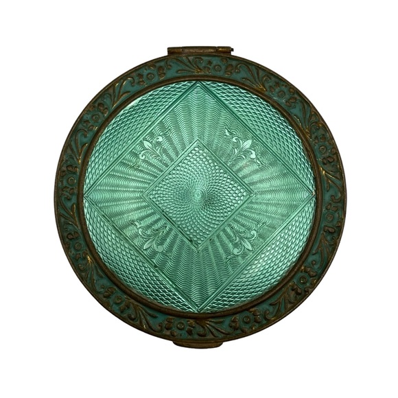 Antique Fleur De Lis Teal Green Guilloche Enamel Vanity Dresser Powder Compact